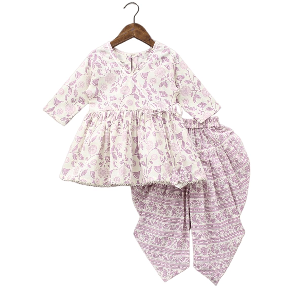 Leons FabGirl's Rayon Printed Anghara Kurta with Dhoti Bottom Pant Traditional Ethnic Set for Kids (1-2 Years, Cream-Pink)