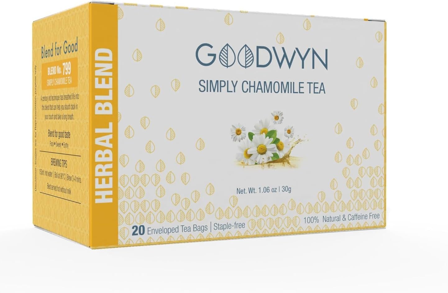 Goodwyn Chamomile Tea For Sleep (20 Tea Bags) | Real Chamomile Flowers | Caffeine-Free Herbal Tea | Promotes Relaxation, Calm, Stress Relief | Non Bitter | Plastic Free