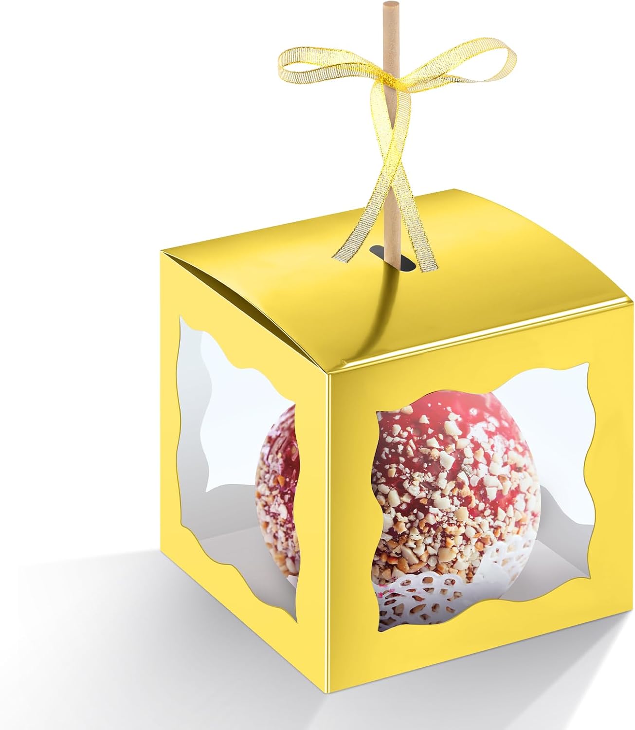 Dandat 50 Pieces 4 x 4 Inch Candy Apple Box with Hole and Stick Paper Caramel Apple Boxes Cookies Chocolate Gift Treat Boxes with Clear Windows Caramel Containers for Wedding(Gold)