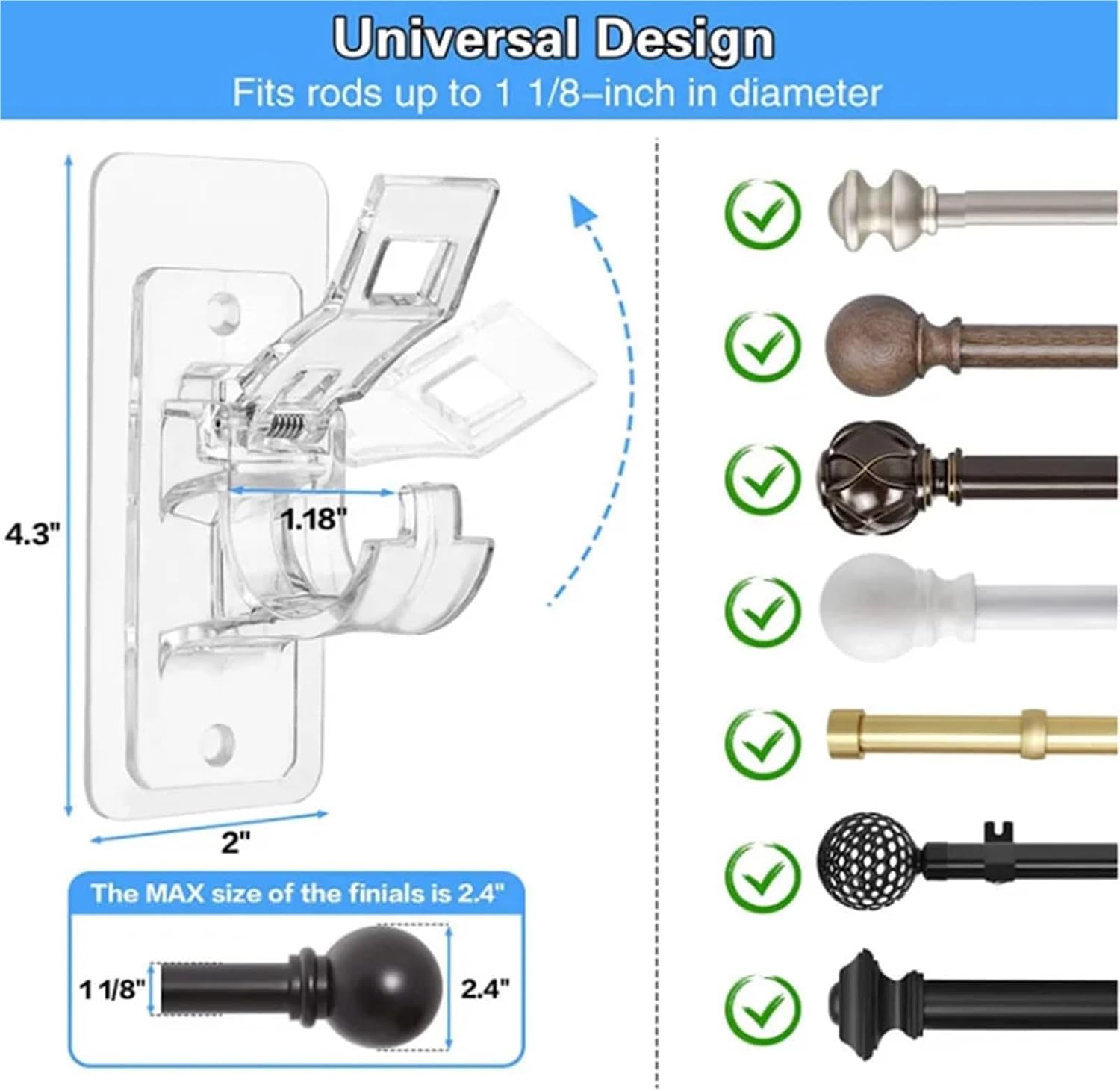 Curtain Rod Bracket 10Pcs Punch-Free Curtain Rod Clip Hook Adjustable Self Adhesive Holder Brackets for Bathroom,Kitchen,Home