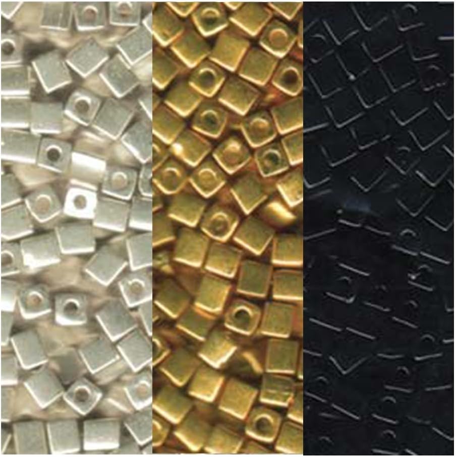 Metallic Miyuki 4mm Square Bead Bundle: Metallic Gold, Silver and Opaque Black Cube Japanese Glass Seed Beads - 60 Grams Total