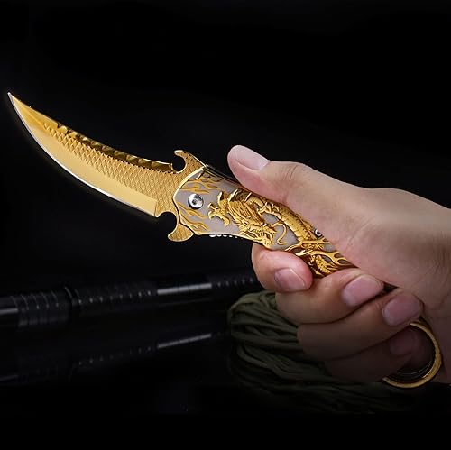 Miniatura 2 de Cuchillo de bolsillo para hombres, cuchillo plegable fresco con alivio de dragón dorado 3D, gran regalo Edc cuchillo para hombres, supervivencia al
