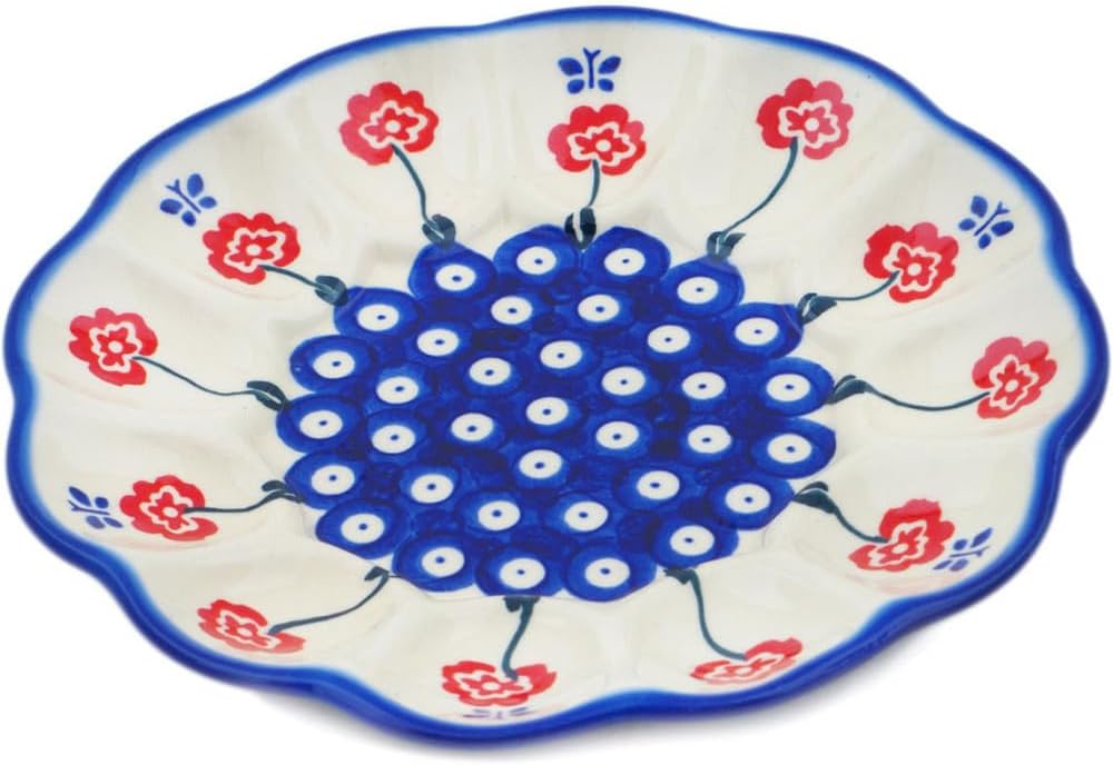 Polmedia Polish Pottery Egg Plate - Blue Eye Spring Pattern Handmade in Boleslawiec Poland by Ceramika Bona + Certificate of Authenticity