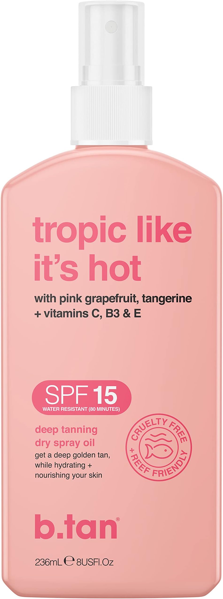 b.tan SPF 15 Deep Tanning Oil Dry Spray | Tropic Like It's Hot - Best, Best Outdoor Bronzing Mist, Moisturizing Grapefruit, Tangerine, Vitamins C, B3, & A, Austrailian Brand, 8 Fl Oz