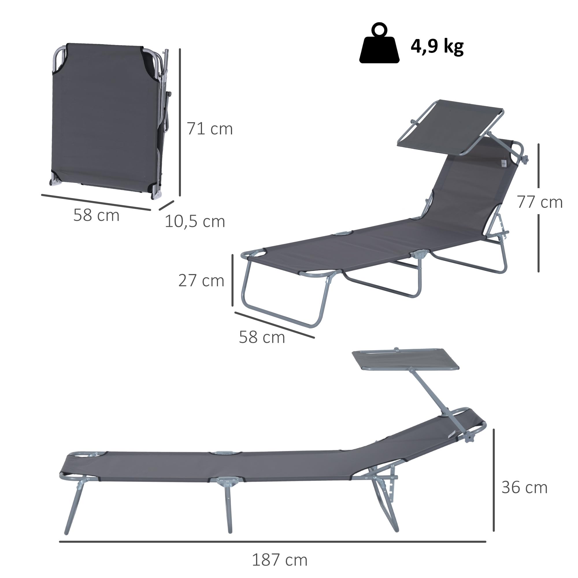 Outsunny Sonnenliege klappbar Gartenliege mit Dach, Liegestuhl mit 4-Fach verstellbare Rückenlehne, wetterfeste Campingliege bis 120 kg belastbar, für Garten Strand Pool, Grau