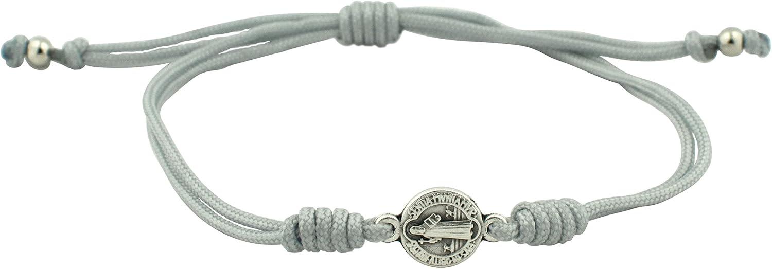 Venerare Adjustable Saint Benedict Medal Bracelet | Durable Light Grey Cord | Patron Saint of Students | Great Catholic Gift for First Communion and Confirmation