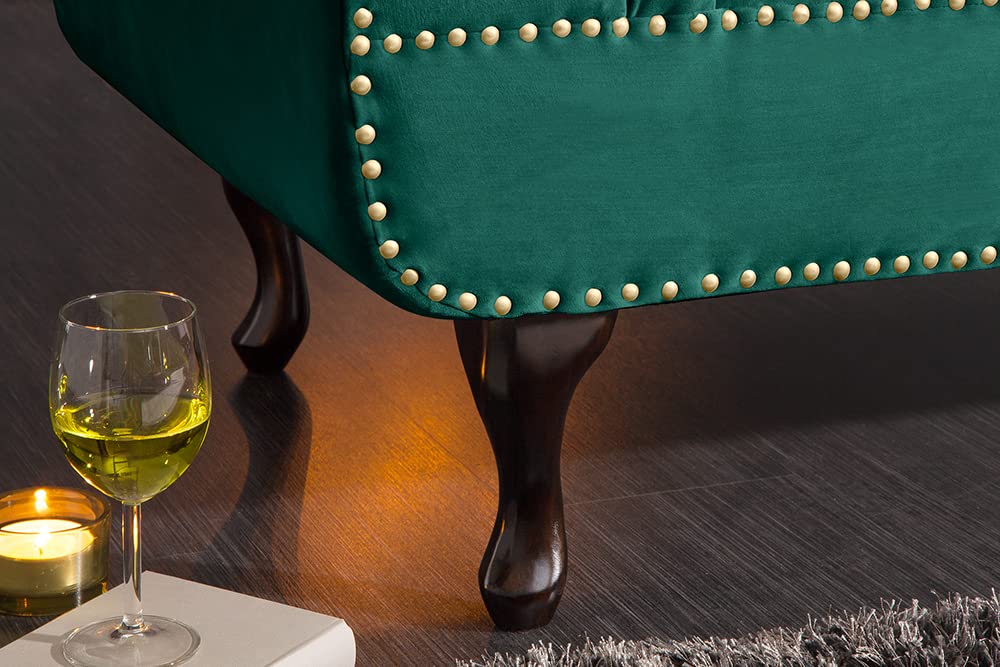 Recamiere CHESTERFIELD - 170cm - smaragdgrün - Samt Knopfheftung Design | Armlehne, Rundumbezug, Nietenbesatz, Nosagfederung, Wellenfederung, hoher Komfort, angenehme Haptik, Eyecatcher