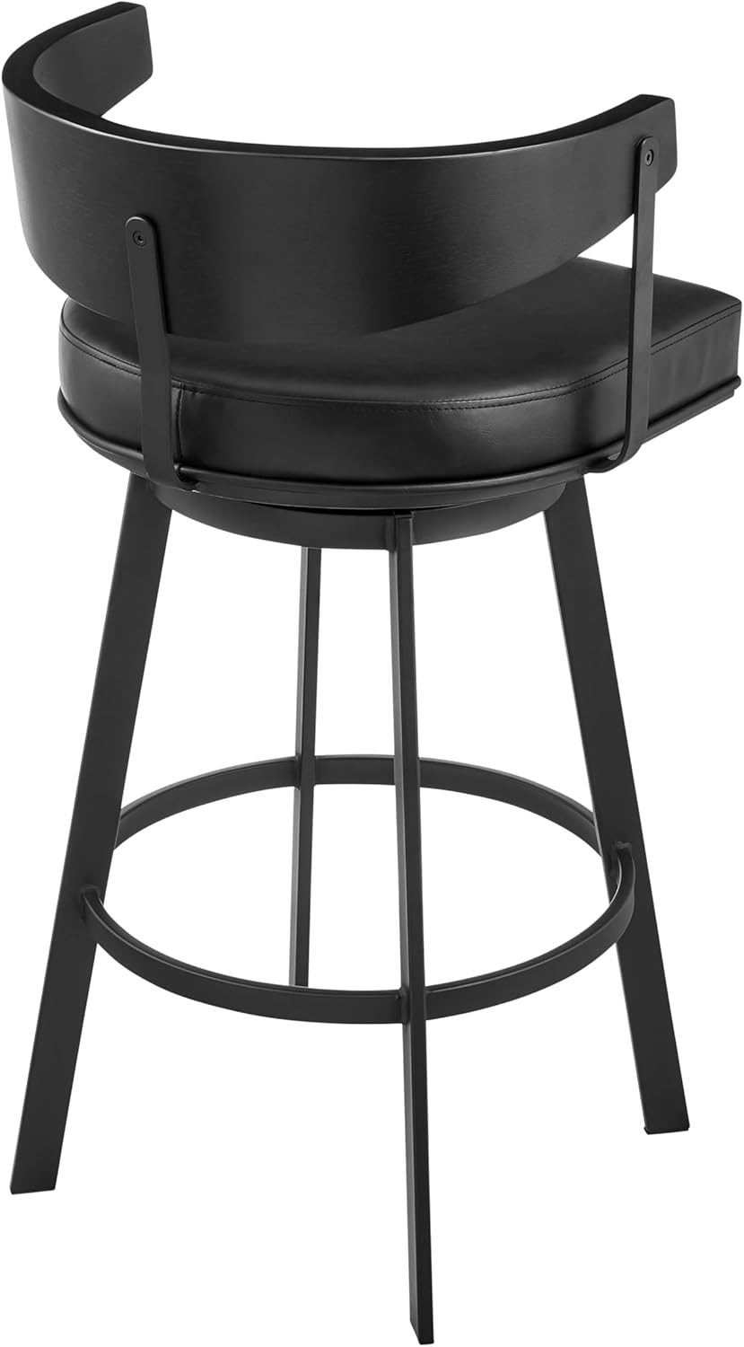 Armen living Lacey 30" Swivel Bar Stool in Black Iron with Black Walnut Finish and Vintage Black Faux Leather