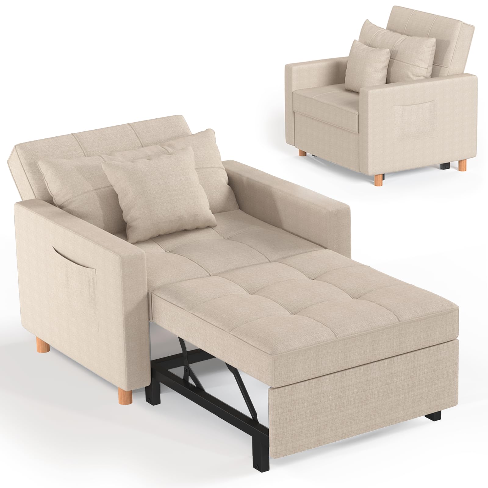 YODOLLA 3-in-1 Convertible Sleeper Chair Bed, 192cm Adjustable Single Sofa Armchair with Side Pocket, Pull Out Sleep Chair,Cream Beige