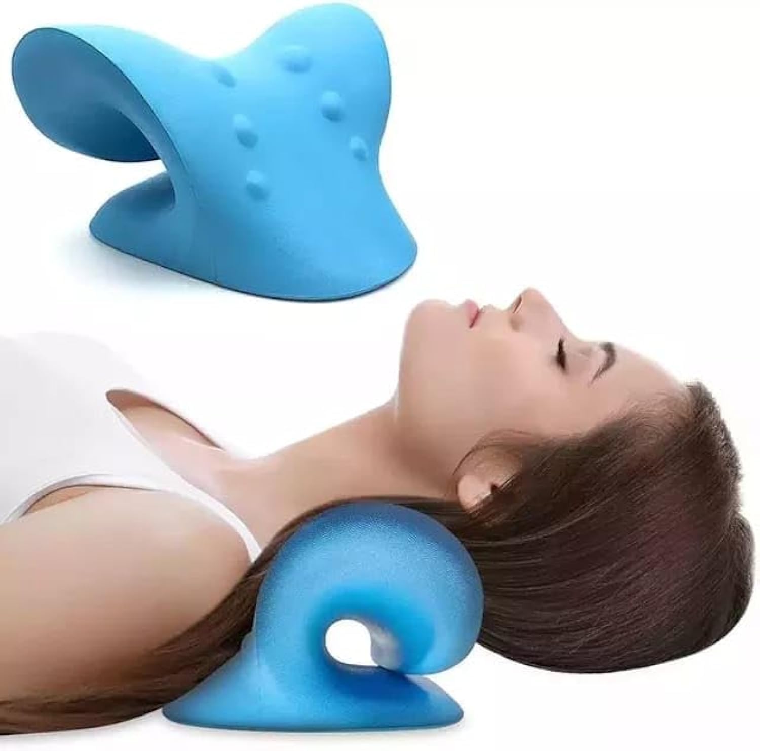 Neck and Shoulder Relaxer, Cervical Traction Device for Muscle Tension Relief, Neck Stretcher for TMJ Pain Relief and Cervical Spine Alignment, Chiropractic Pillow (Blue)