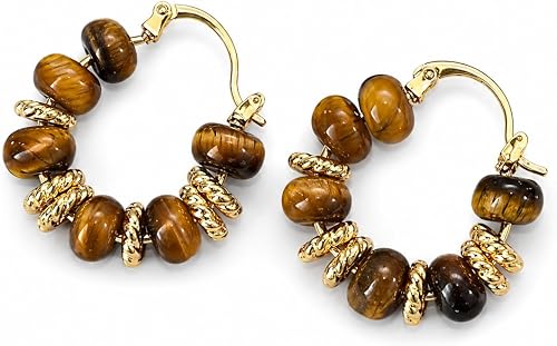 ZENCHEER Vintage Tiger's Eye Hoop Earrings for Women, Brown Stone Beaded Drop Da