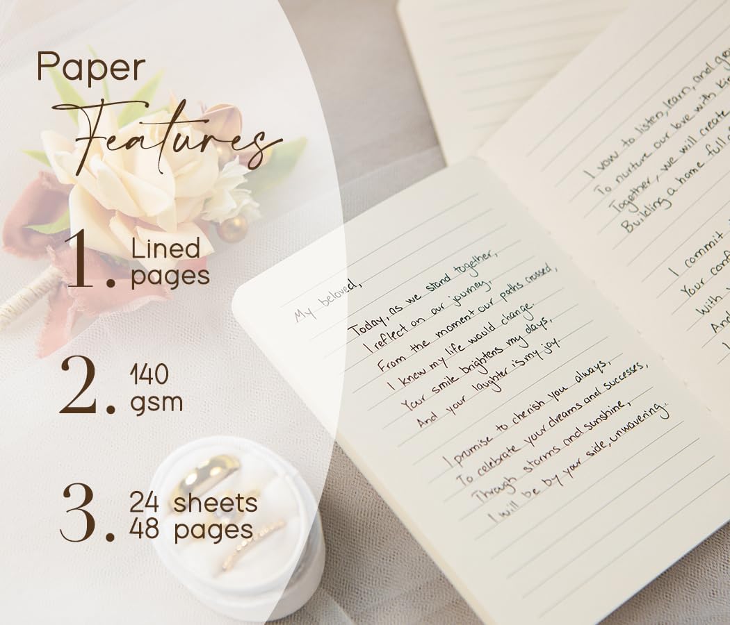 Slim Vow Books (Set of 2 - Design 4) - Soft Cream Canvas Linen Textured Cover Wedding Vow Booklets, Ceremony Speech Promise Notebook Journal, Gift for Newly Engaged Couple, 48 Lined Pages, 5.75" x 4"