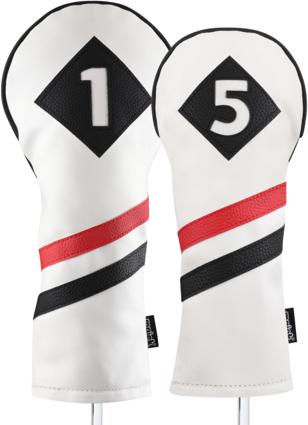 Majek Retro Golf Headcovers White Red Black Vintage Leather Style 1 & 5 Driver Fairway Head Cover Fits 460cc Drivers Classic Look