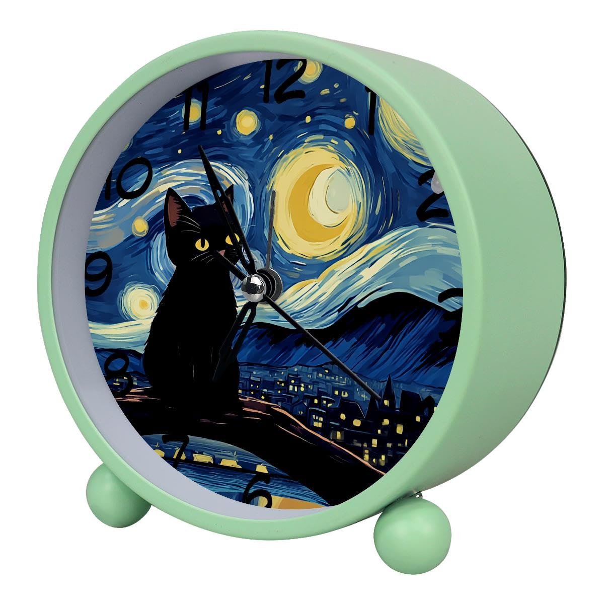 Luoweisi Analog Alarm Clock Black Cat Starry, Silent Non-Ticking with Night Light, Battery Operated, Round Desk Alarm Clock for Office, Bedroom, Elderly, Adults, Children, Student Gifts