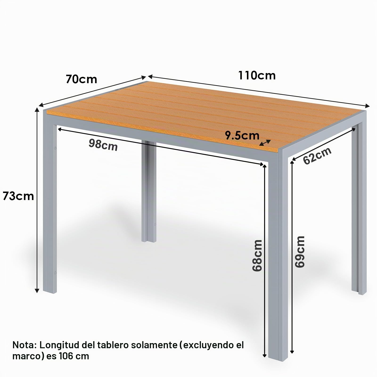 LIFERUN Mesa de Jardín 110x70 cm, Mesa de Terraza de WPC para 4-6 Personas, Mesa de Balcón Resistente a la Intemperie con Estructura de Aluminio, Diseño Aspecto Madera,Marrón Teca+Gris Claro