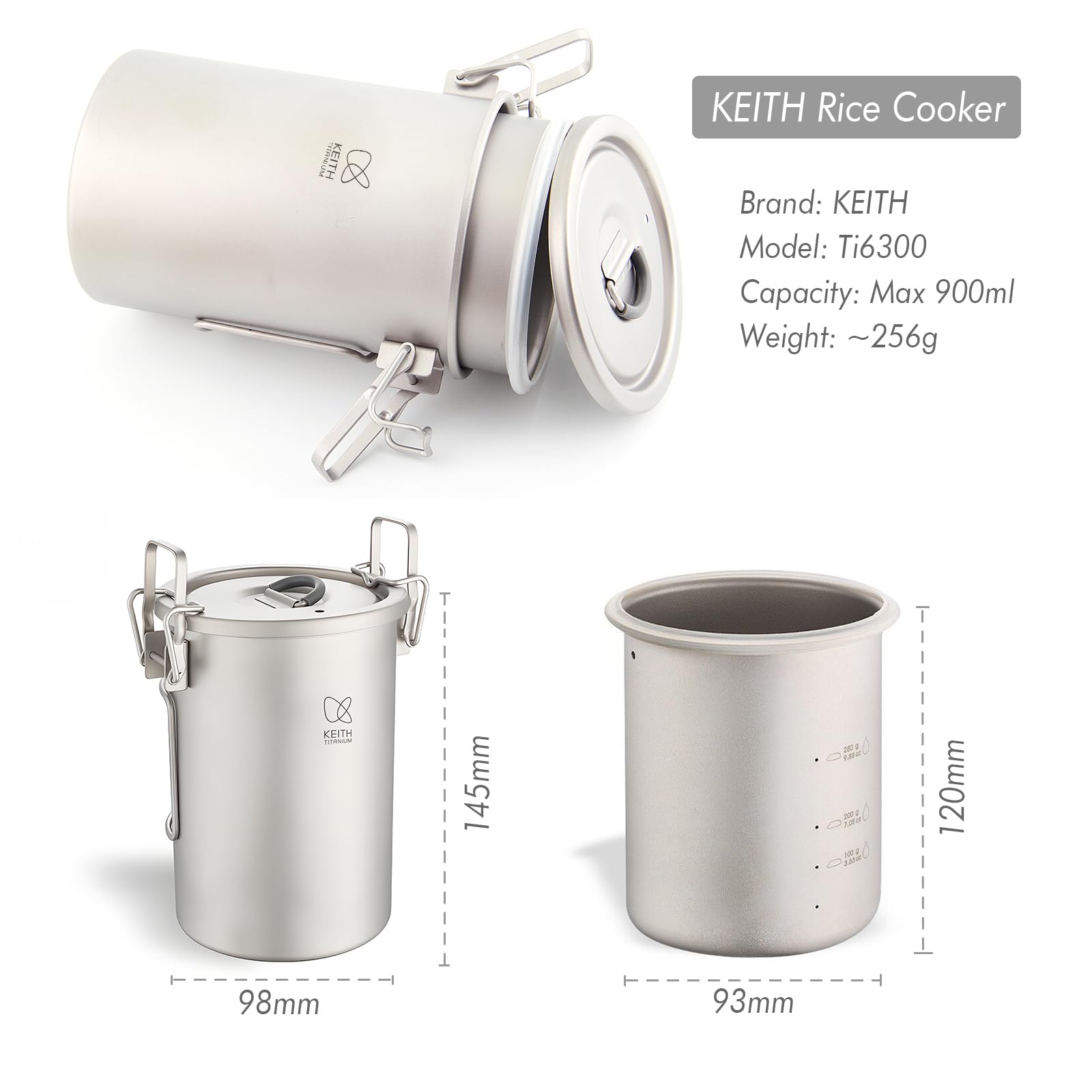 KEITH Titan Camping - Pentola in titanio Plato, per riso rapido, da viaggio, picnic, pentole, 30,4 fl oz (900 ml) con manico pieghevole (900 ml Ti6300)