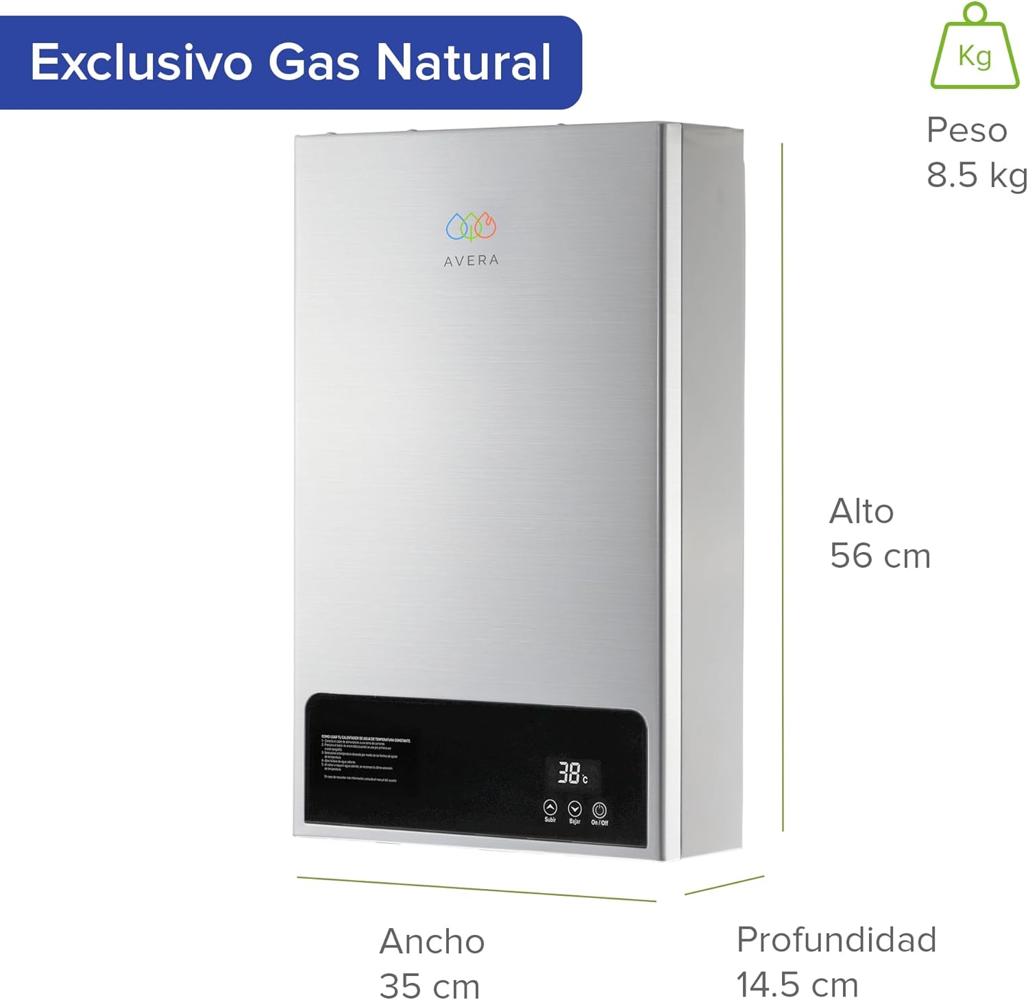 AVERA CM10NAT water heater with dimensions: 56 cm height, 35 cm width, 14.5 cm depth, and 8.5 kg weight.
