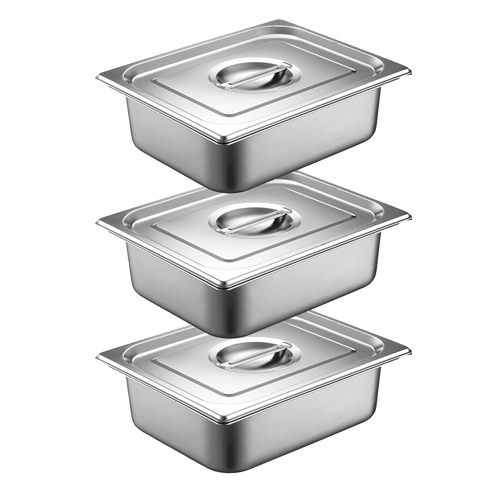 Lot de 3 Plat Inox avec Couvercle, GN 1/2 Bac avec Couvercle, 32,5 x 26,5 x 6,5 cm Bac Alimentaire Inox pour des Fours à Convection, des Chafing Dishes, des Réfrigérateurs