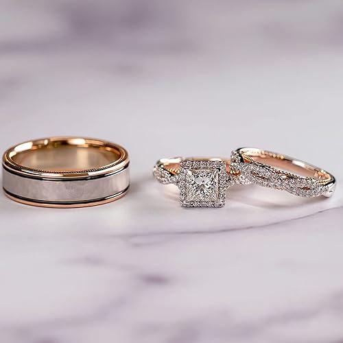 Miniatura 2 de Engagement rings for couples set,3 pc His and Her Wedding Ring Set, Hypoallergenic Rose Gold Ring Set, Cubic Zirconia Bride Promise Rings Set,size