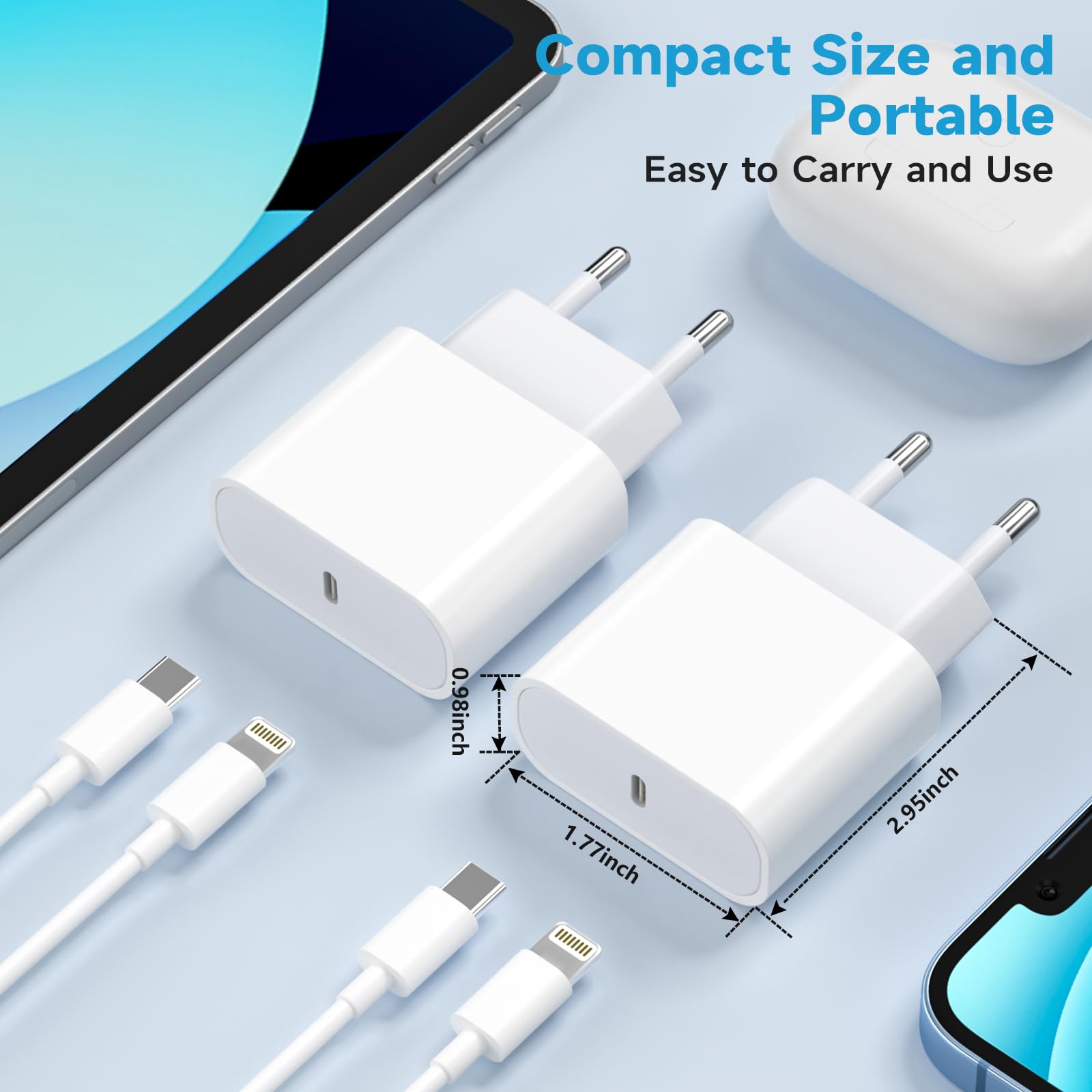 Caricatore for iPhone 20W USB C Caricabatterie Rapido 2-PACK PD3.0 USB C Caricatore con 1M+2M Cavo di Ricarica Caricabatterie USB C Spina Compatibile per iPhone 14 13 12 11 Pro Max Plus XS XR X SE