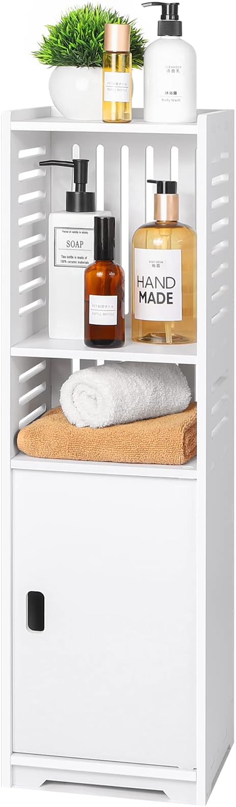 Meuble De Salle De Bain étroit Avec 2 Portes - 20x20x108,5 Cm, Blanc, étagères Réglables, Base Métallique Surélevée