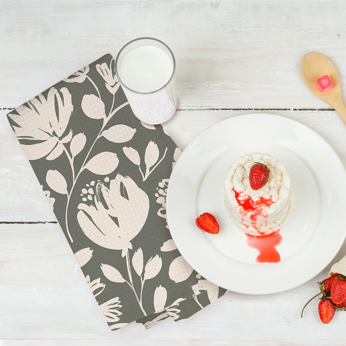 3 Pcs Abstract Green Floral Kitchen Towels, Rustic Retro Decorative Absorbent Microfiber Dish Cloth Tea Towel, Waffle Soft Hand Towels for Farmhouse Home Bathroom Kitchen , Housewarming Gifts - Image 6