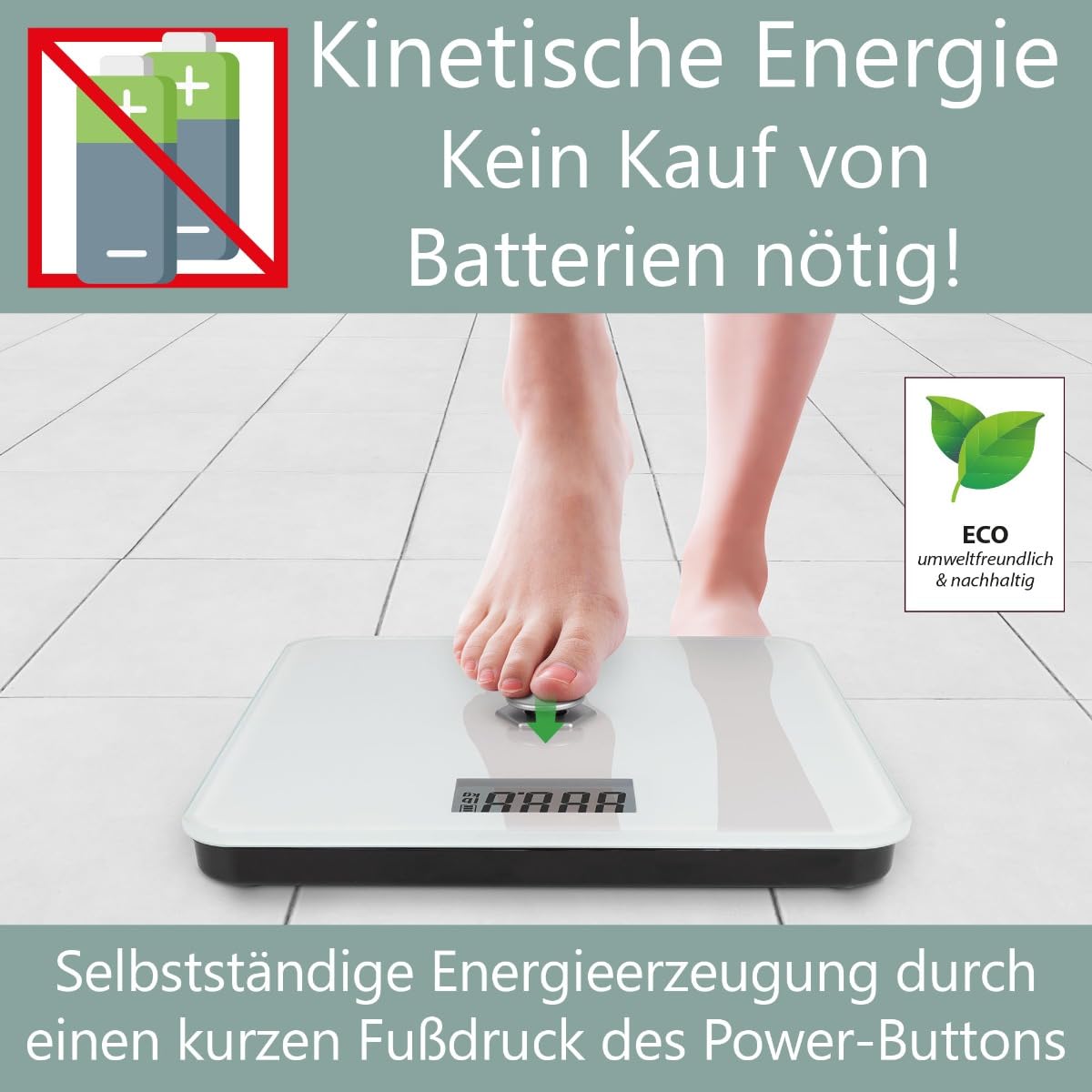 ProfiCare® Personenwaage ohne Batterie | Waage mit Messbereich von 5kg – 180 kg & großem LCD-Display | Personenwaage digital mit kinetischer Energie & Glasoberfläche | PC-PW 3112 weiß