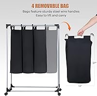 Vista 2 de Clasificador de ropa sucia, cesta de lavandería rodante, 4 bolsas con ruedas, 4 bolsas extraíbles para almacenamiento de ropa, color negro ligero
