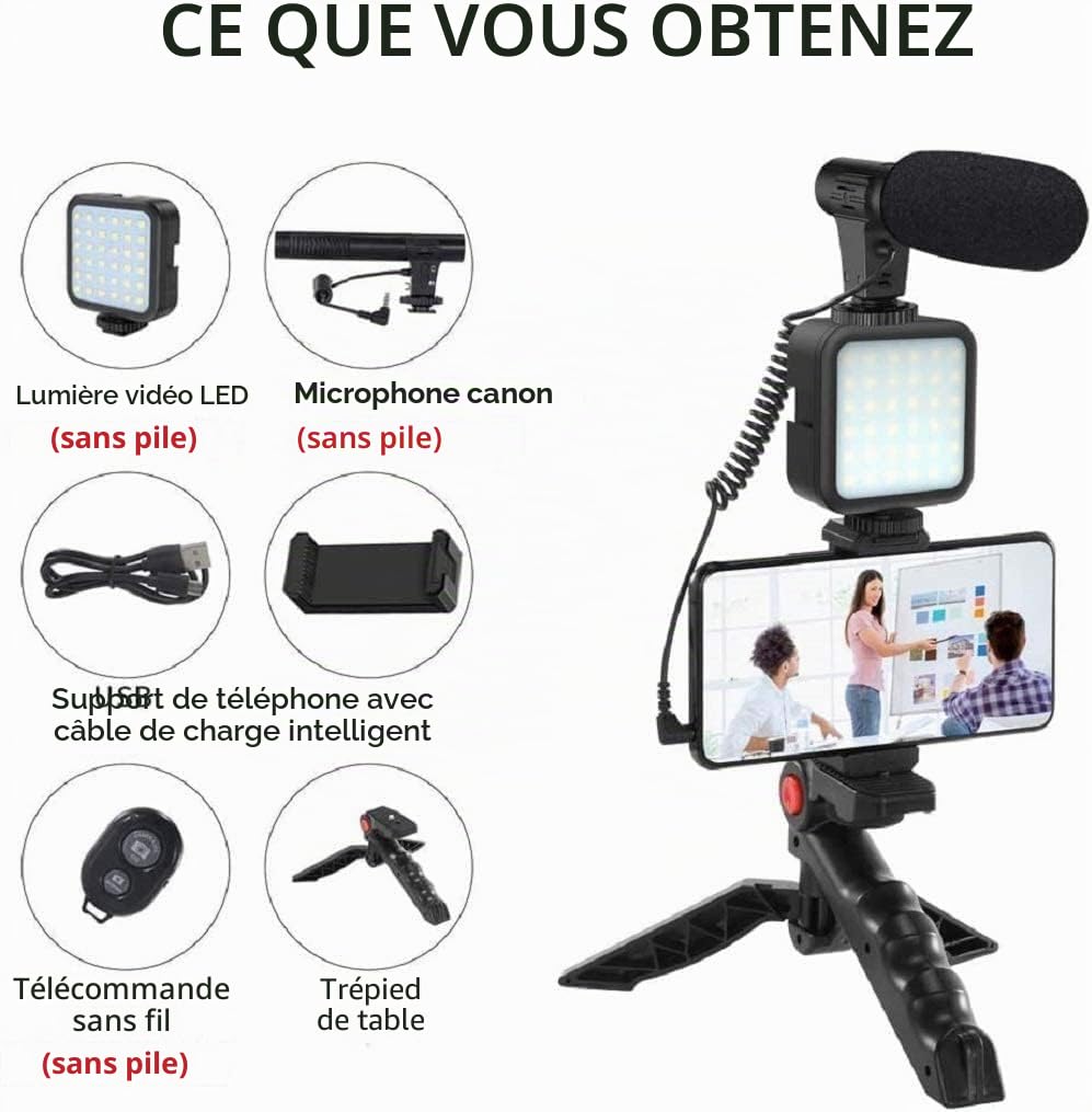 Mobilphone Smartphone vidéo Vlog Microphone, lumière LED, support téléphone, trépied, compatible iPhone, Android, pour Tiktok, Youtube, prise de vue, Vlogging, Live Streaming