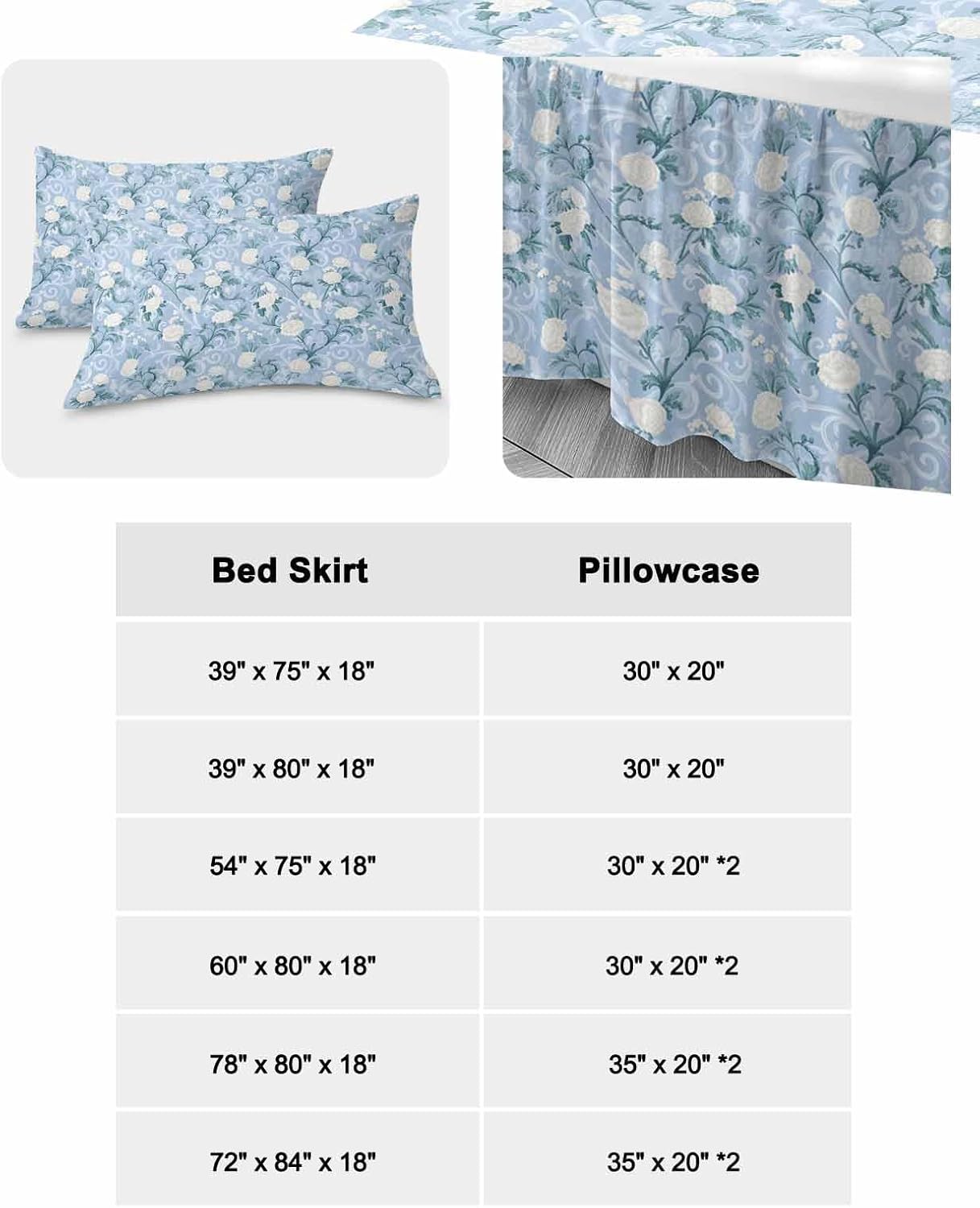 Bed Skirt for Full Size Bed 18 Inches Drop Blue Floral Ruffled Bedding Sheet Sets Soft Bedspread Retro Camellias Flowers Wrap Around Bed Skirt Sheet Set with 2 Pillowcases for Bedroom All Season 54x75