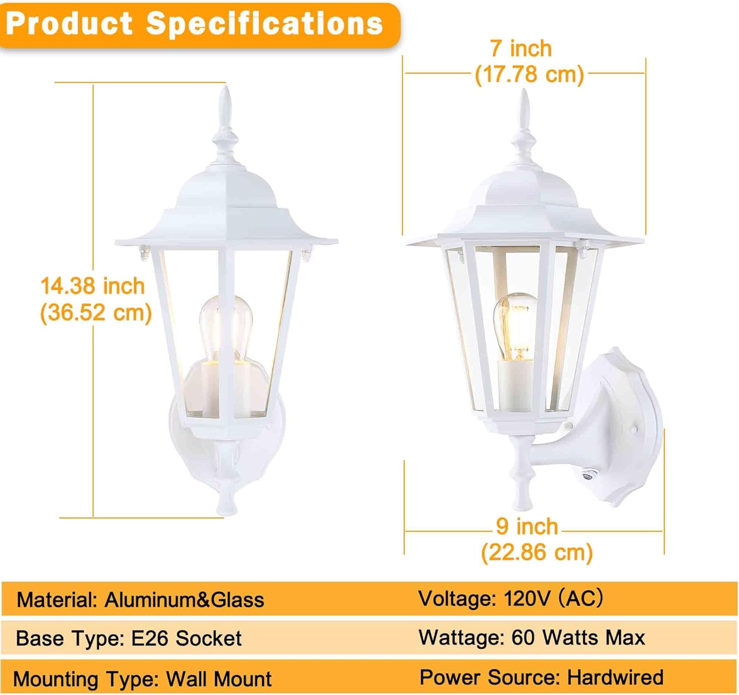 Outdoor Wall Lantern, Dusk to Dawn Exterior Wall Sconce with Clear Glass, Waterproof White Aluminum Porch Light, Anti-Rust Outside Lighting Fixtures for Patio Front Door Entryway, 2-Pack