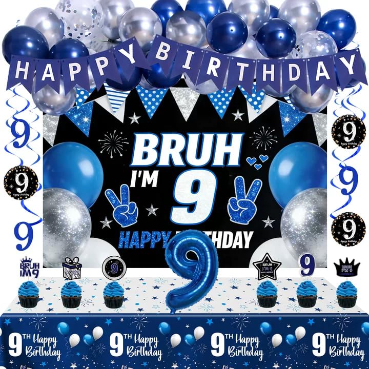 9th Birthday Decorations for Boys Girls Blue Silver Bruh Im 9 Birthday Party Supplies Kit with Backdrop Number 9 Foil Balloon Tablecloth Cake Topper & Balloon Arch