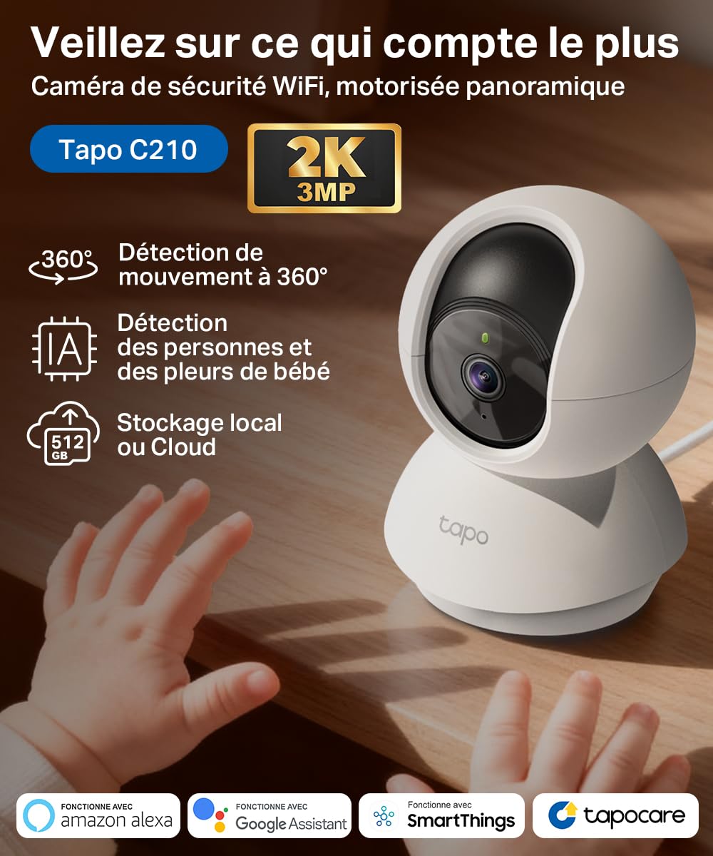 Tapo C210 Caméra WiFi Intérieure 2K 3MP, Rotation 360°, Détection de Personne, Vision Nocturne, Audio Bidirectionnel, Stockage CloudµSD 512 Go, Alexa