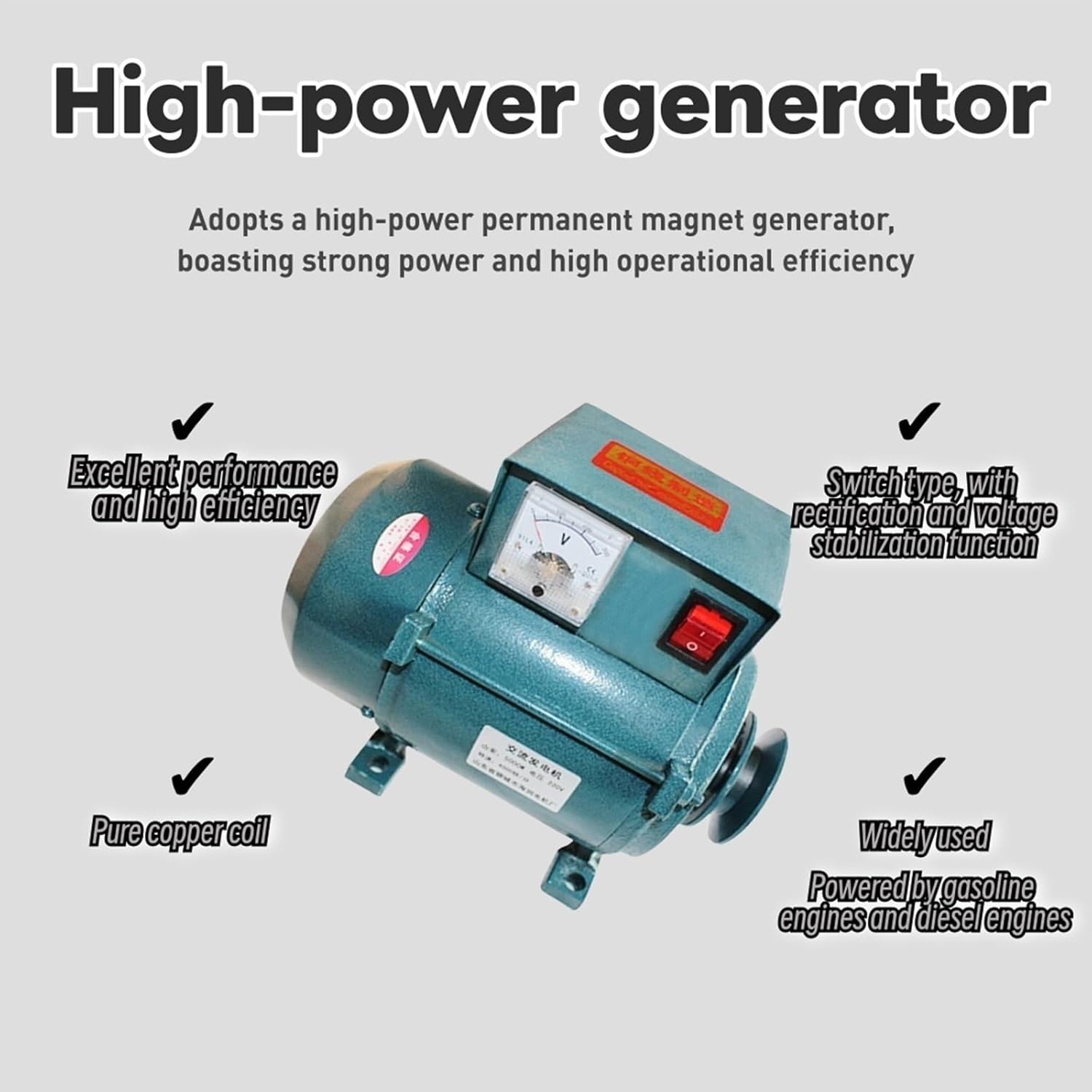3500W 220V Permanent Magnet Brushless Generator With Small Pulley, Pure Copper Coil Alternator, Low Noise Power Supply For Home Lighting, Off-Grid Or Backup Applications