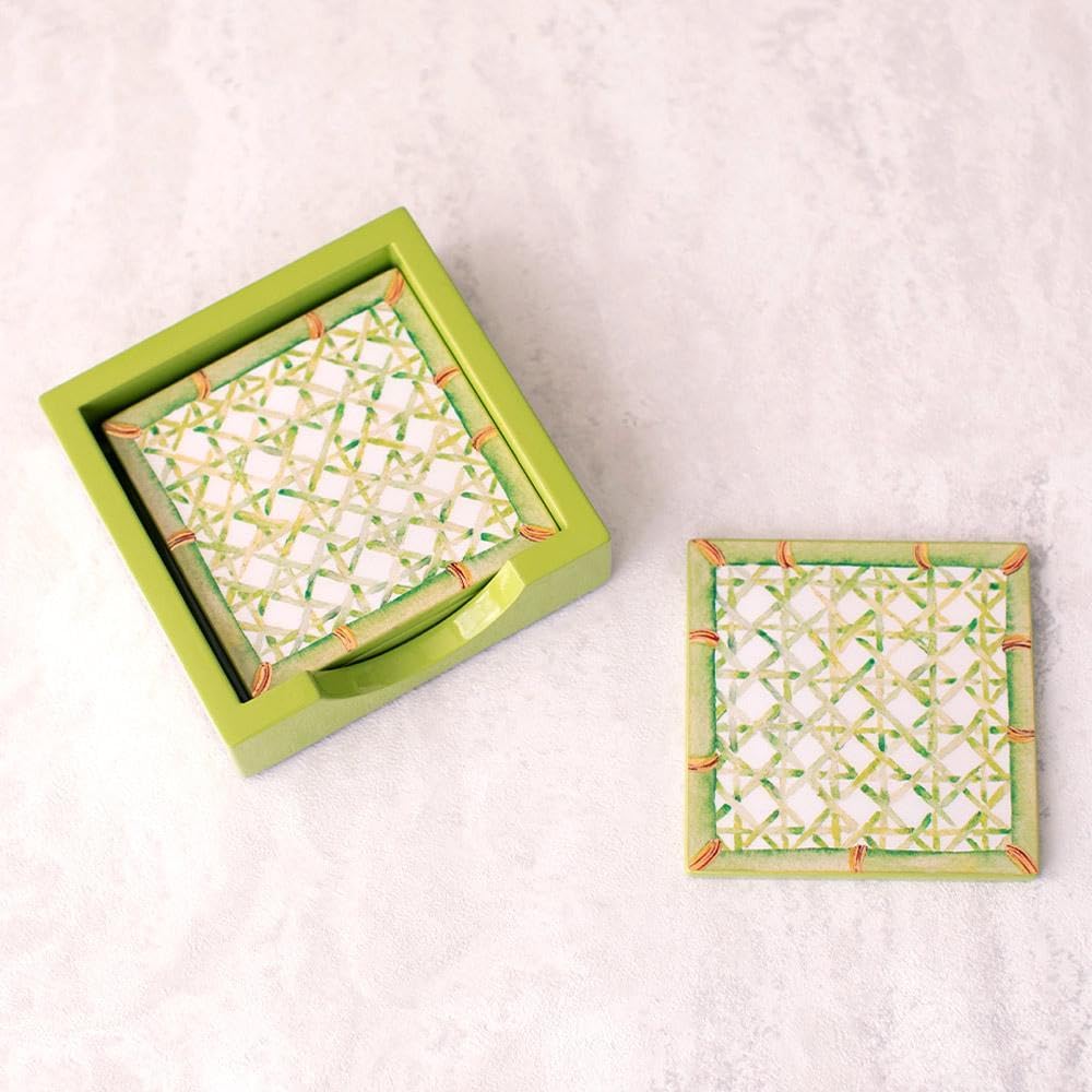Caspari Trellis Square Lacquer Coasters with Holder, Green – Luxury Decorative Drink Coasters, Handmade, Set of 4 (4" Square) - Image 2