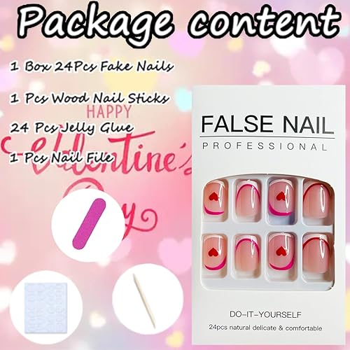 Miniatura 6 de 24 uñas postizas de corazón para el día de San Valentín, uñas francesas a presión, uñas acrílicas cortas y pequeñas, uñas postizas cuadradas cortas