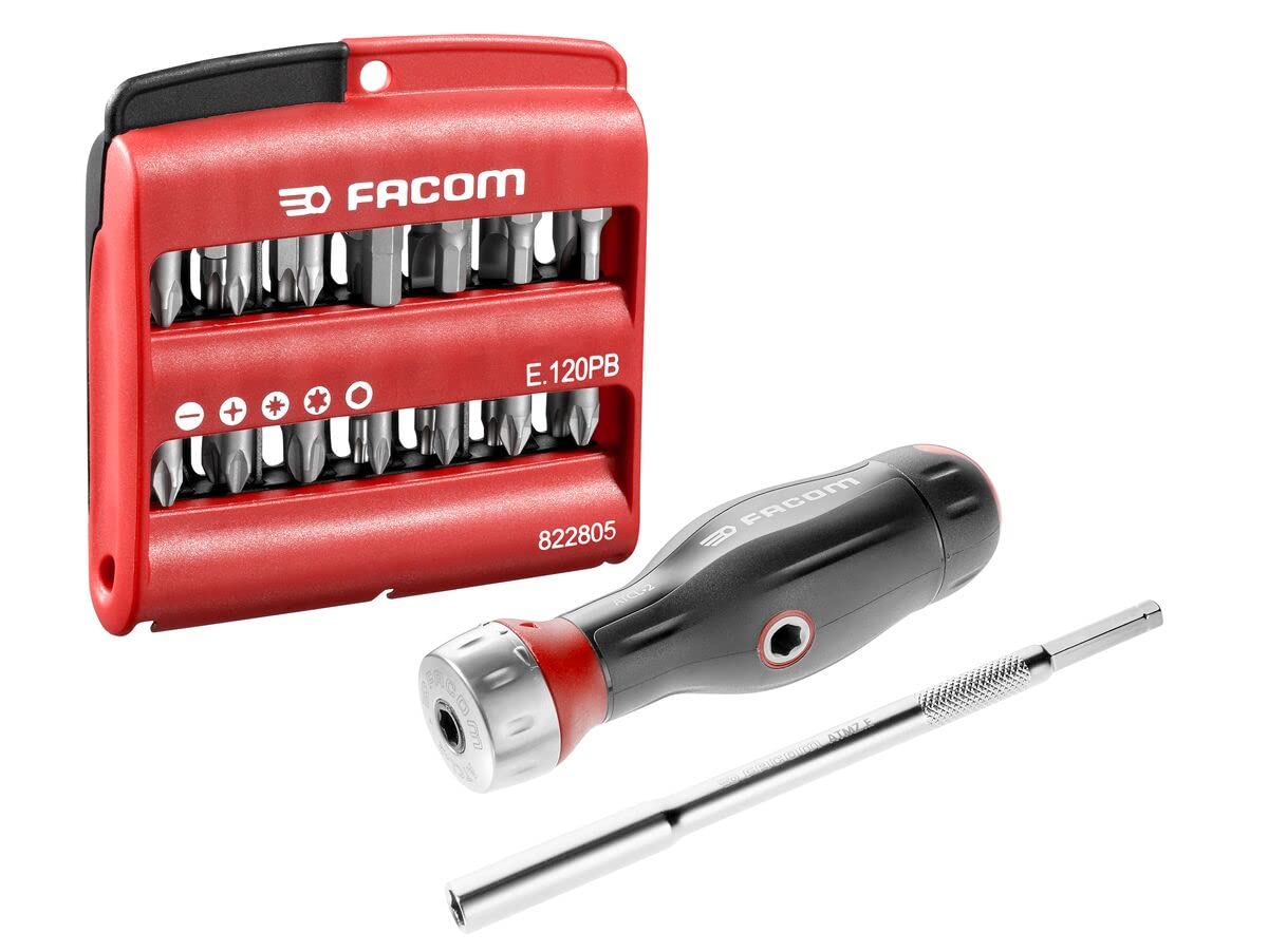 Facom Black / Red Atcl.2a2pb Protwist 3-In-1 Screwdriver Set And Mixed Set Of 28 Bits – Ergonomic Dual-Material Handle – High Quality 45 Teeth Ratchet