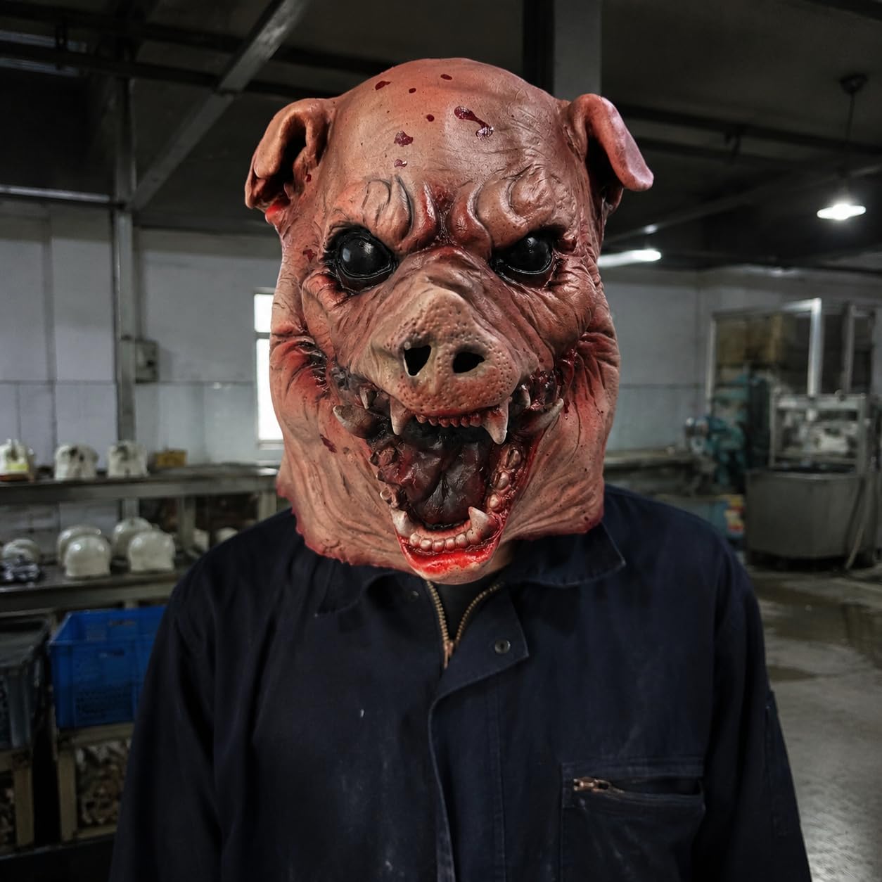 Realistic Horror Pig Latex Full Head Mask with Bloody Details, Tusks, Open Mouth and Wrinkled Skin for Halloween Cosplay Party
