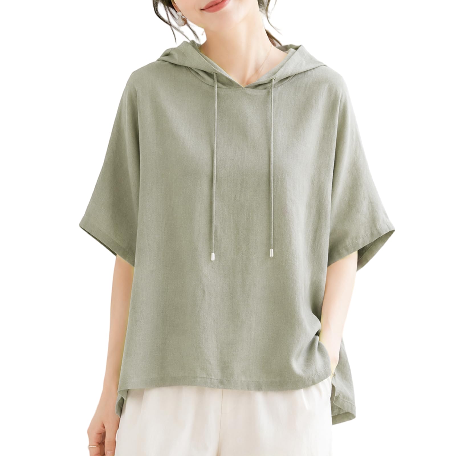 パーカー レディース tシャツ フード付き 半袖 薄手 トップス ゆったり 体型カバー 無地 大きいサイズ リネン風 春 夏 | ワンマイルウェア カジュアル カジュアル 普段着