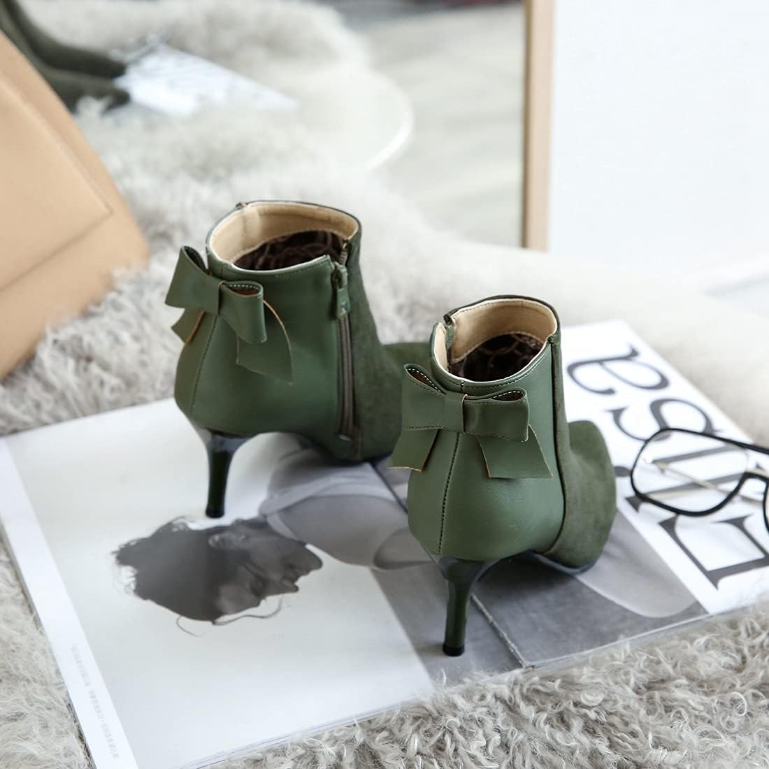 VOKLIN Women's Pointed Toe Dress Ankle Booties Fashion Bowtie Zipper Stilettos High Heel Elegant Short Boots