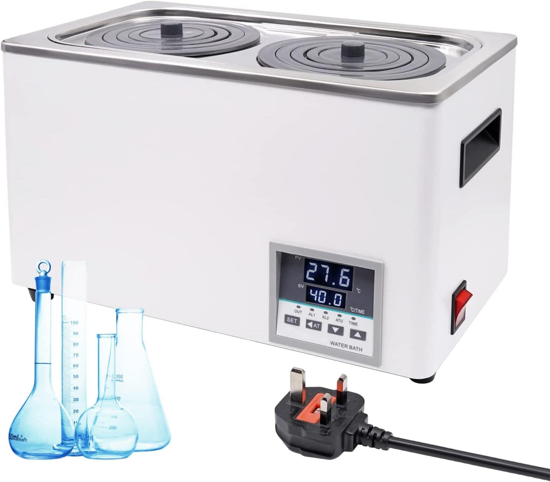 Baño María de Laboratorio con Pantalla Digital eléctrica de 600 W, 2 Aberturas, Interior de Acero Inoxidable, antisecado, Ideal para destilación, Secado y concentración.