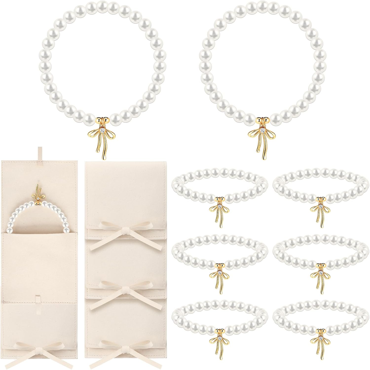 8 Set Pearl Bow Bracelet for Women Bridesmaid Proposal Gifts Bulk Gold Bow Bride Charm Bracelets Dainty Bridesmaid Chain Bangle with Jewelry Storage Bag for Wedding Party Favors
