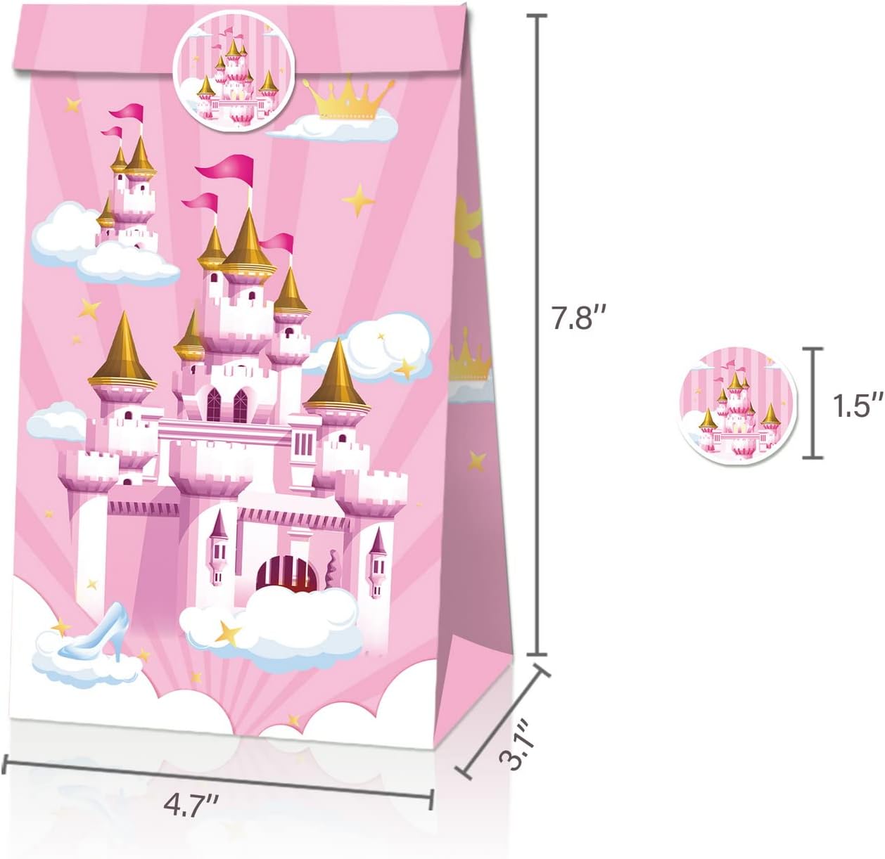 12 Pcs Favor Treat Bag, Pink Castle Candy Goodie Bags Favor Gift Bags With Stickers Princess Theme Birthday Party Supplies - Image 4
