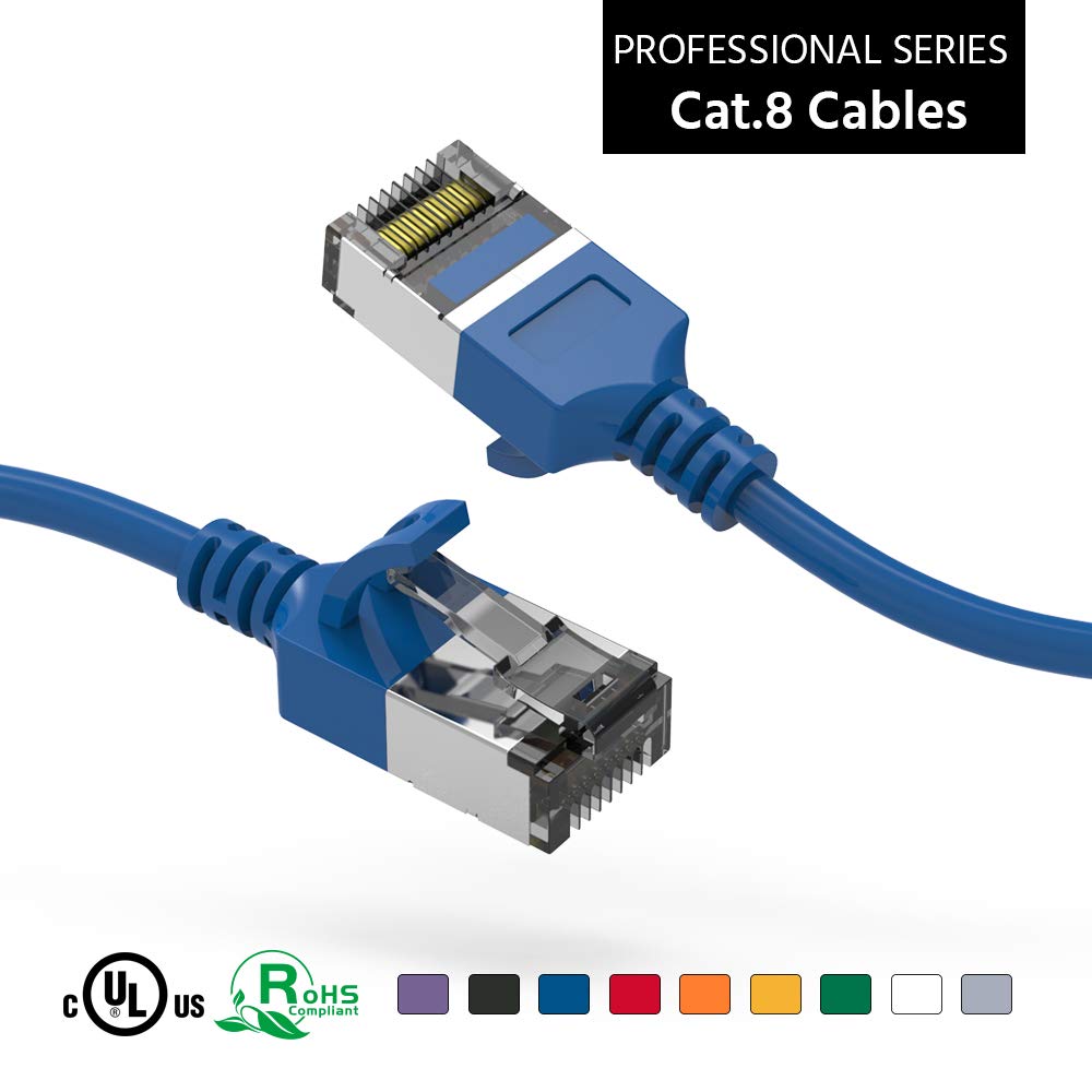 [50 Micron Gold Plated 2Ft Cat.8 U/FTP Slim Shielded Ethernet Network Cable Blue 30AWG- 10 Pack