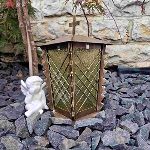 eberin · Dachkreuz Grablampe · Design Gußoptik bronzefarbig/Glas grün satiniert [NEU] inkl. LED Grablicht Cover