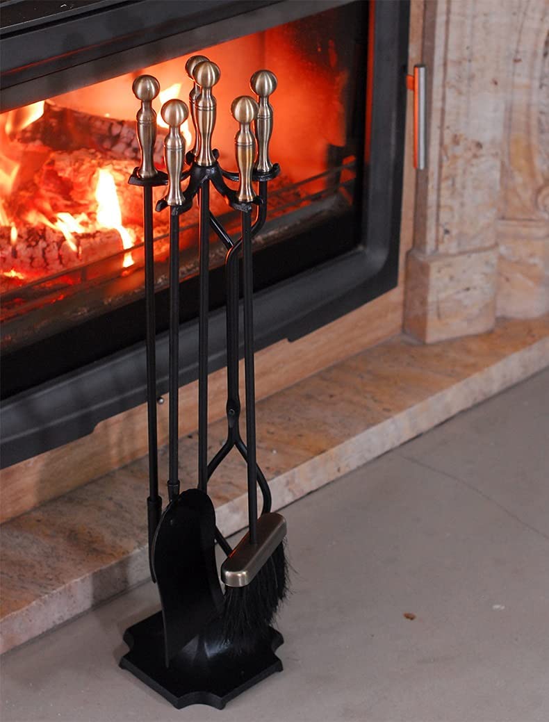 Set di Attrezzi per Camino Set di Attrezzi per Camino in Ferro Battuto da 5 Pezzi, Stile Classico Dorato, Kit di Attrezzi per Stufa per Camino per Uso Domestico Resistente Set di Attrezzi per