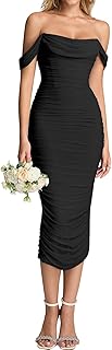 KUTUMAI Off Shoulder Corset Formal Wedding Guest Dresses for Women Elegant Bodycon Ruched Cocktail Party Midi Dress