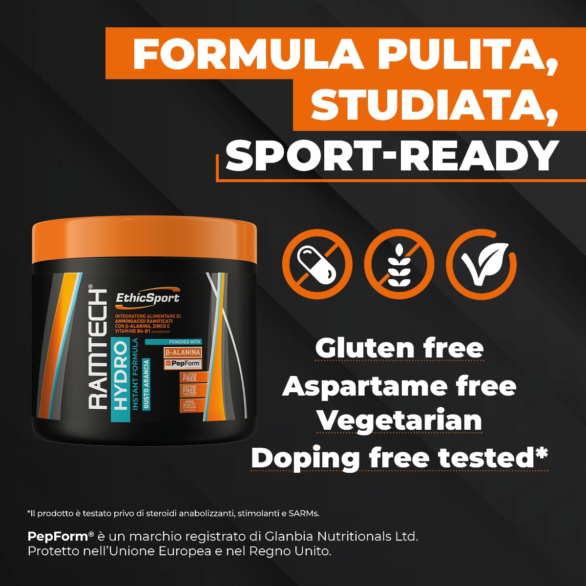 Ramtech Hydro EthicSport – BCAA intra-workout con Beta-Alanina, PepForm®, Zinco e Vitamine B6-B1 – Per attività intense, impegno muscolare e post allenamento – 250 g gusto arancia