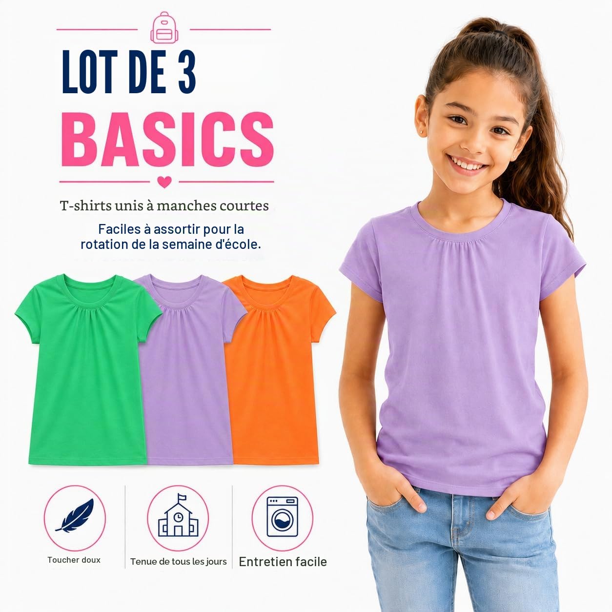 Bienzoe Fille Antimicrobien Séchage Rapide Manche Courte T-Shirt 3 pièces Pack