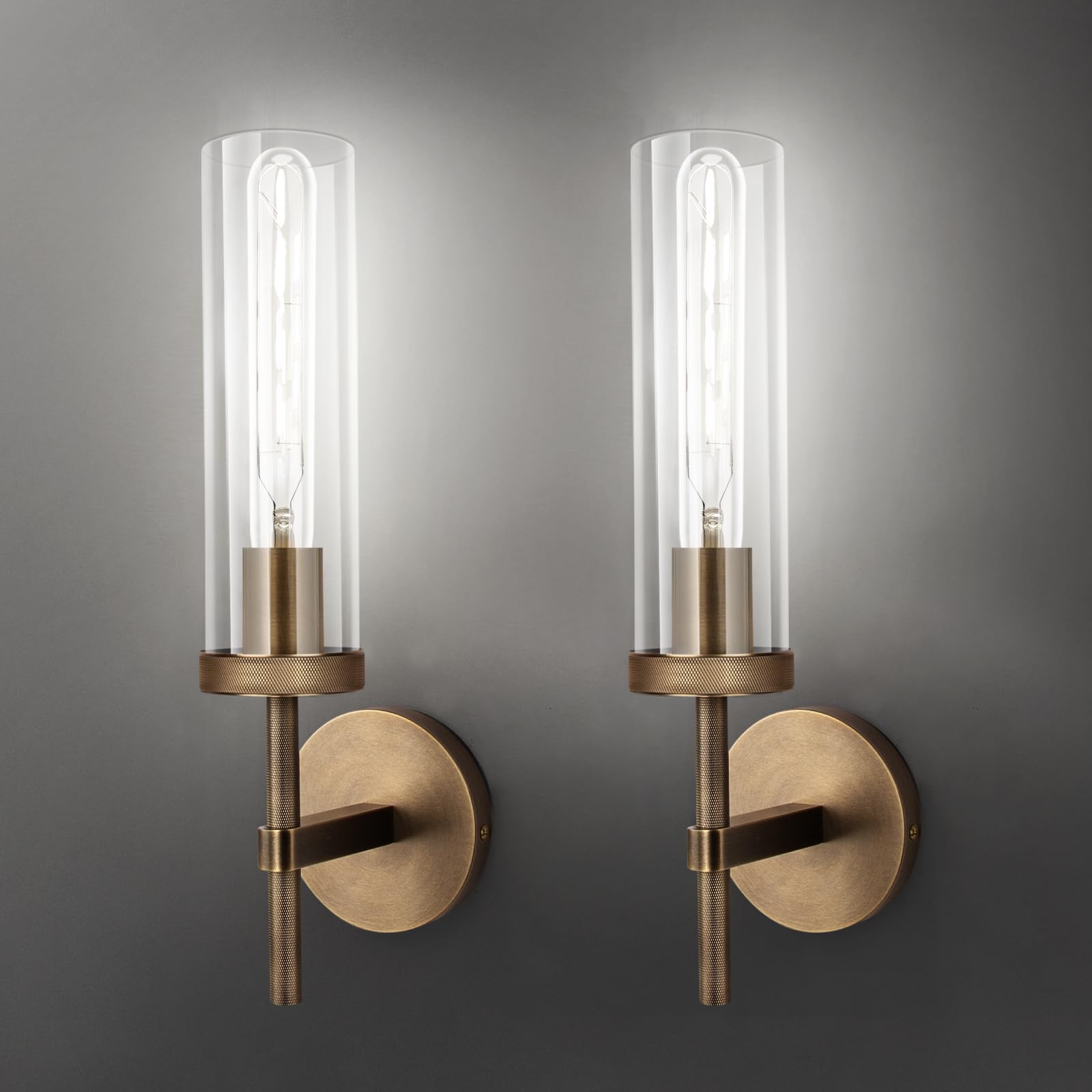 Bronze Wall Sconces Set of Two with White Light, 15'' Brushed Brass Knurled Bathroom Vanity Light with Clear Glass for Living Room Mirror Bedroom Stairs